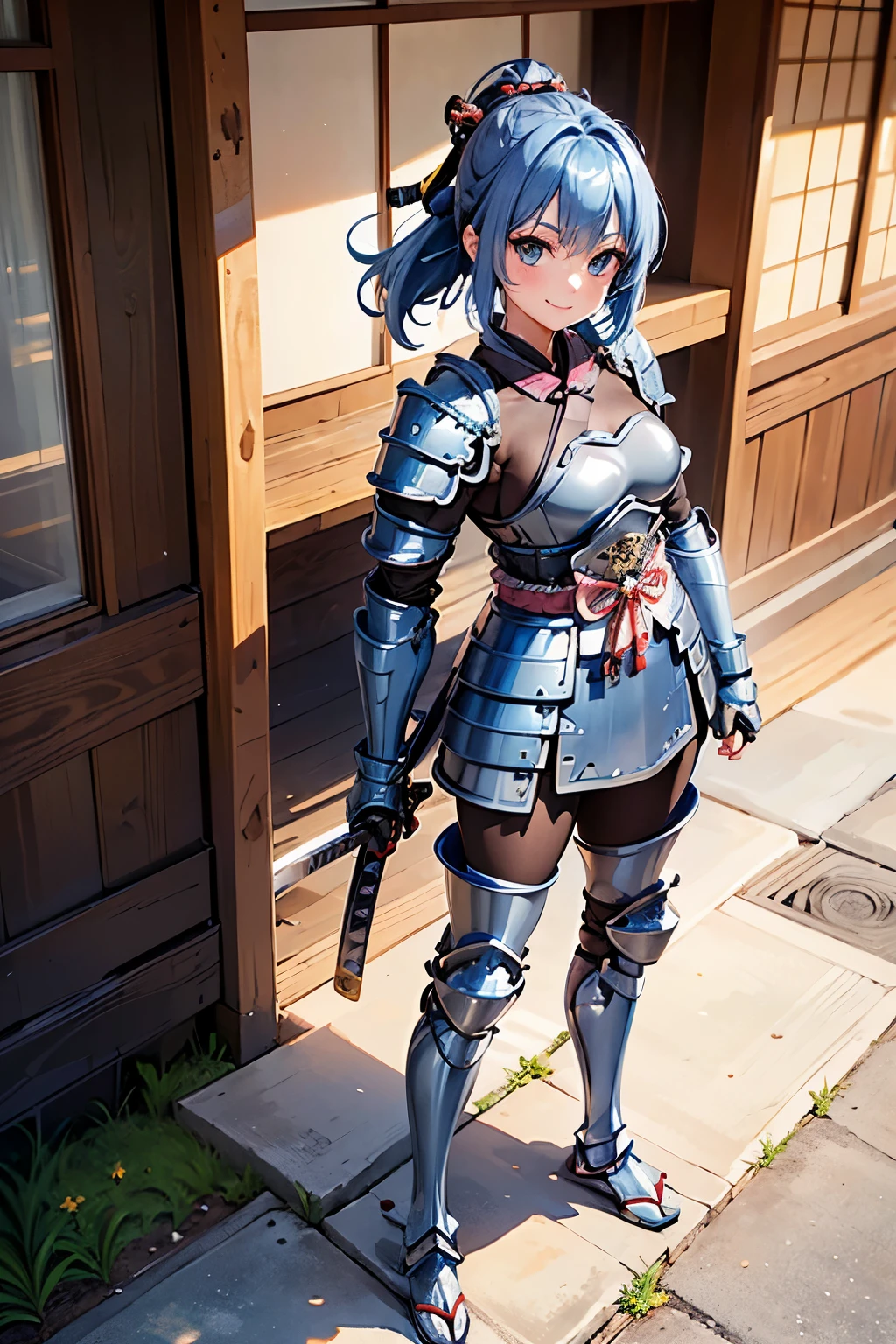 best quality, (masterpiece:1.3), absurdres, highres,16K, ultra high res, official art, illustration,extremely detailed, 1girl, 独奏, full body, 20yo,
delicate lines tailed face, (bob hair:1.1), (beautiful blue hair:1.2), (shiny hair:1.2), (beautiful gray eyes:1.2), (shiny eyes:1.2), (medium breasts), (gleaming skin:1.4),

looking at viewer, simple background, 
standing, smile, (holding katana sword:1.2)
((japanese) blue(armor):1.5), (samurai girl), Armor
