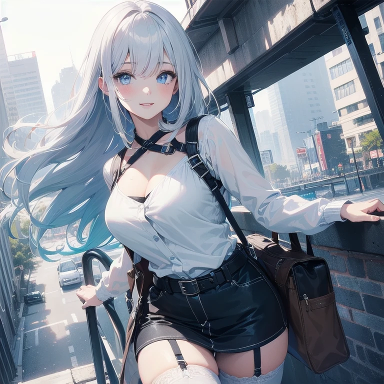 (Masterpiece, Best quality, ultra high resolution), (((1 girl))), Silver hair, Pale skin, Beautiful detailed face, Detailed eyes, posing on a white background, Dynamic lighting, dynamic shadowing, looking at viewer, White street punk fashion with blue details, (Posing for a photo), ((White clothes)), (((black thigh highs))), jean shorts, skirt, white sweater, ((Blue eyes)), happy, smiling, black straps, black strap design, ((Long white hair)), energetic, cheerful, cityscape background, (garter), blue tertiary color, blue highlights, purse, hand bag, ((chest harness fashion))