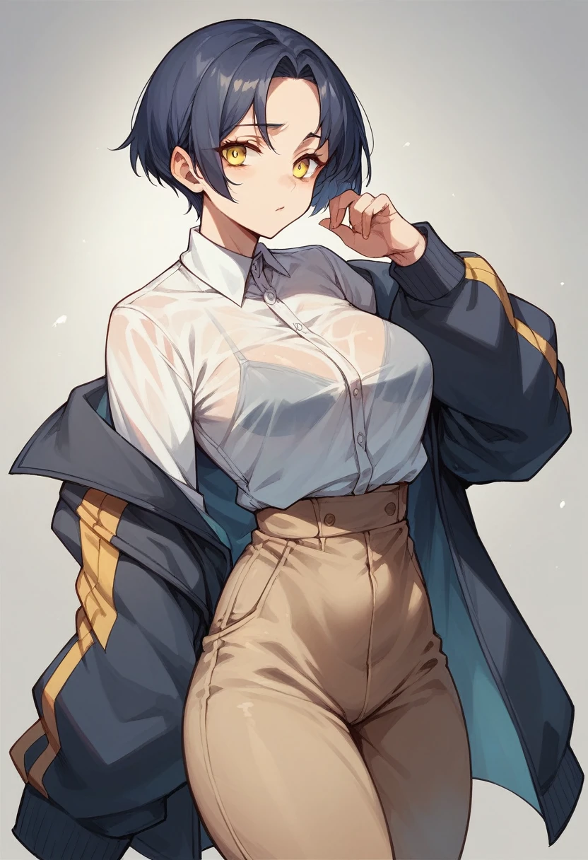 18-year-old,shiny navy hair,short hair,Parted bangs,Yellow Eyes,See-through clothing