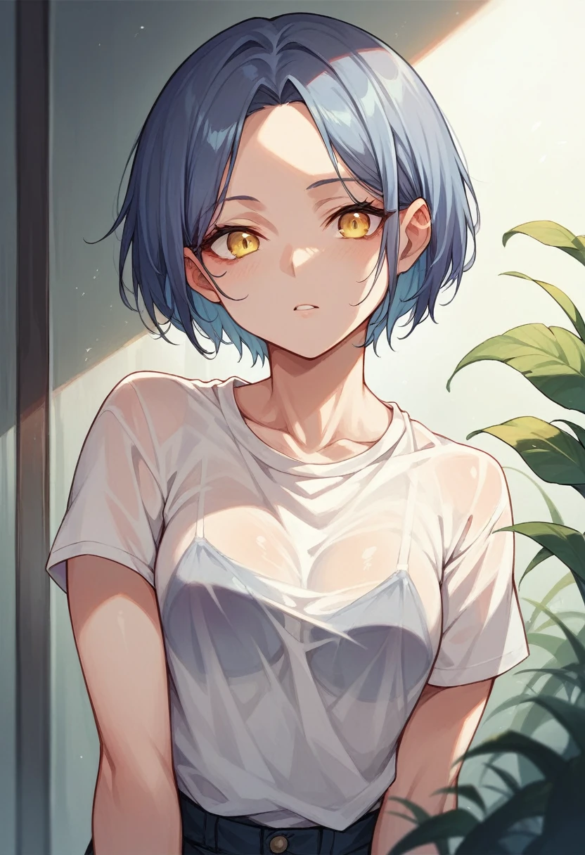 18-year-old,shiny navy hair,short hair,Parted bangs,Yellow Eyes,See-through clothing