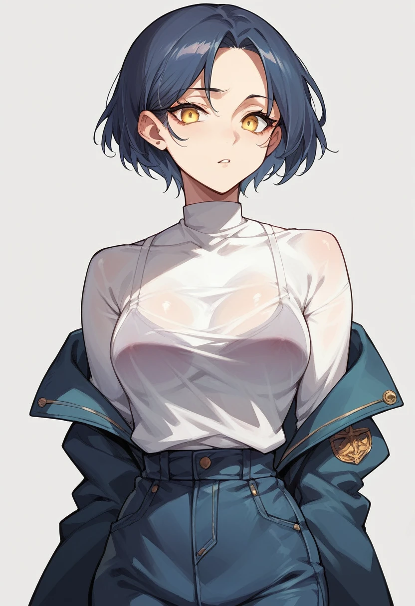 18-year-old,shiny navy hair,short hair,Parted bangs,Yellow Eyes,See-through clothing