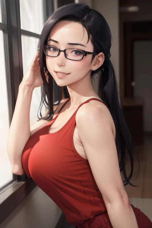 masterpiece, best quality,  satou sakie, glasses, black tanktop, red pants, looking at viewer, large breasts, upper body, portrait, looking at viewer, parted lips, seductive smile, sweating