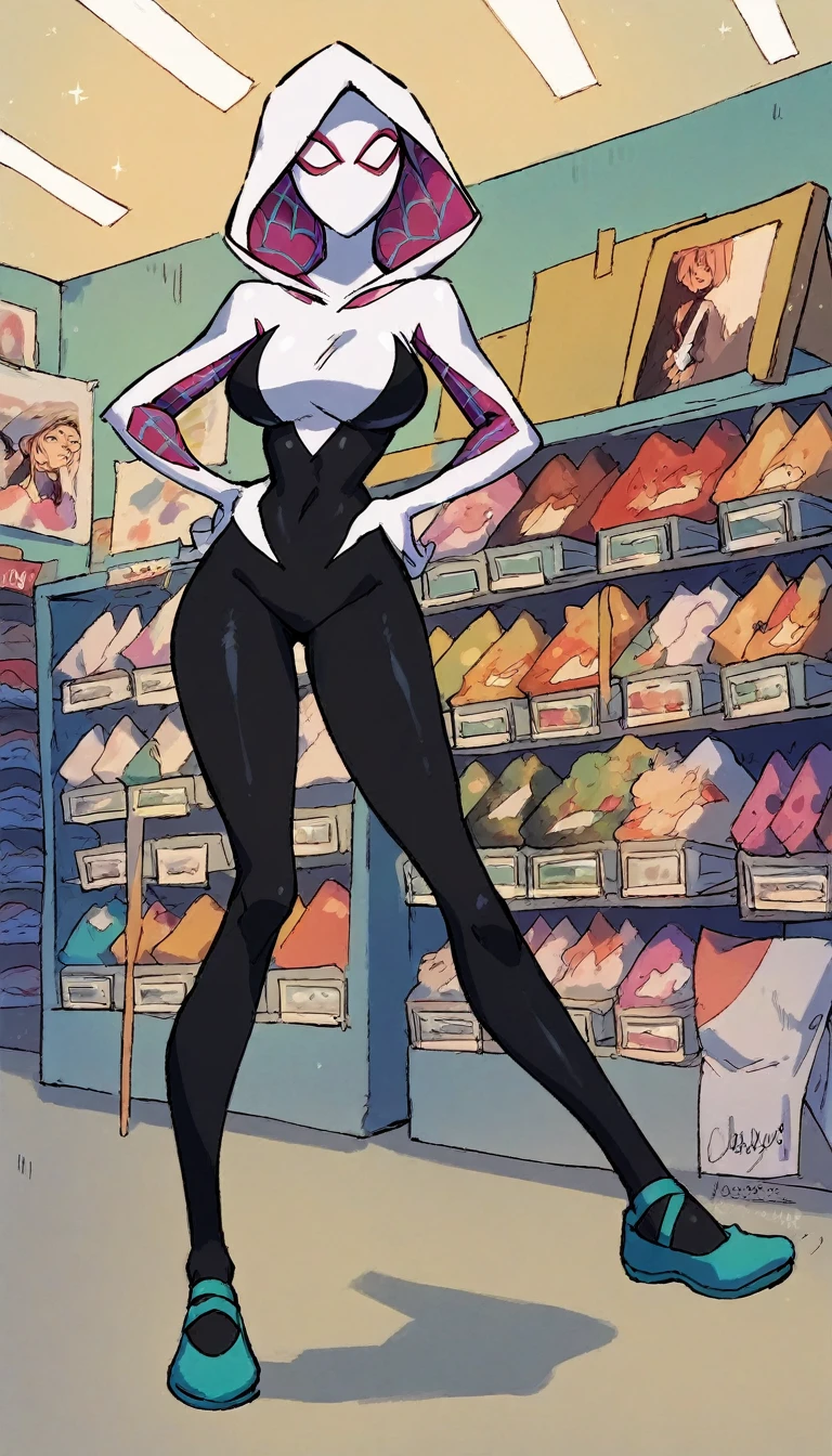 Spider Gwen , 1 woman, mask , abdomen , big breasts , Long legs , Put your hands on your hips..... , canvas shoes , convenience store