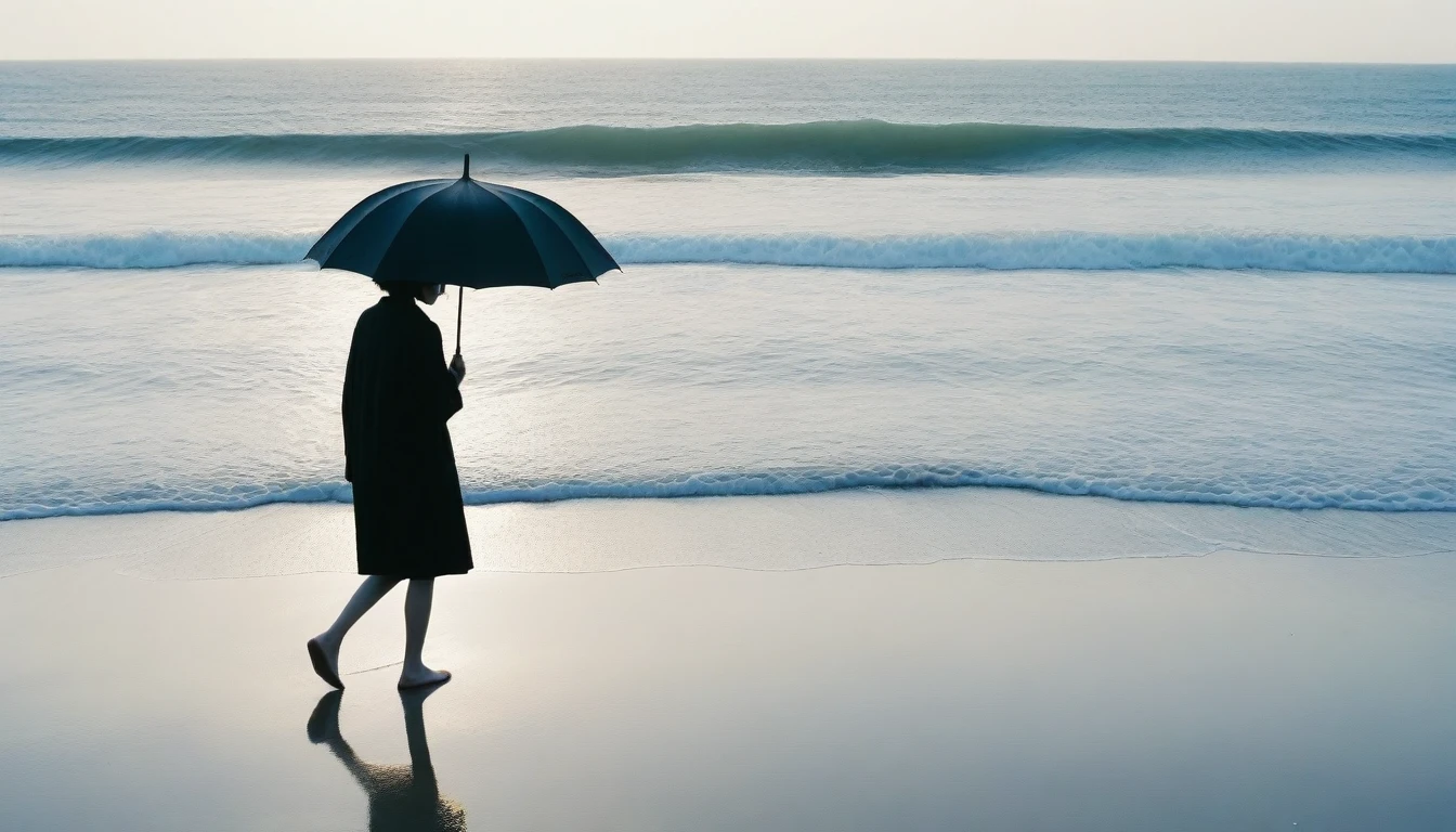 8K, Vivid picture quality, desolate long beach, A short-haired woman walking from afar, 안개낀 ocean, alone, afternoon, depressed, tide가 밀려온다, ocean, tide, black umbrella , wind, short korean woman, 잔잔한 tide, Take off your shoes