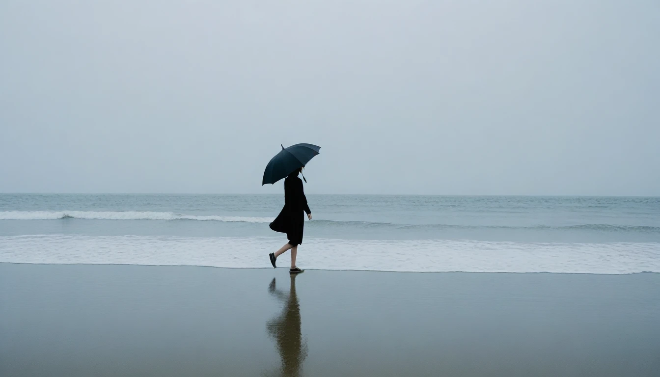 8K, Vivid picture quality, desolate long beach, A short-haired woman walking from afar, 안개낀 ocean, alone, afternoon, depressed, tide가 밀려온다, ocean, tide, black umbrella , wind, short korean woman, 잔잔한 tide, Take off your shoes