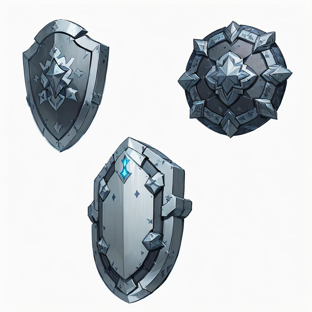 three shields with a star and a shield on them, shield design, armor elements, shields, metallic shield, shield, fantasy shield, Game Assetss, game icon asset, Game Assets, RPG Game Items, Hard Edge Concept Art, riot shields, video Game Assetss, tabletop game props, shield, Armor Plate, metal armor, object concept art, Game Design Asset Pack