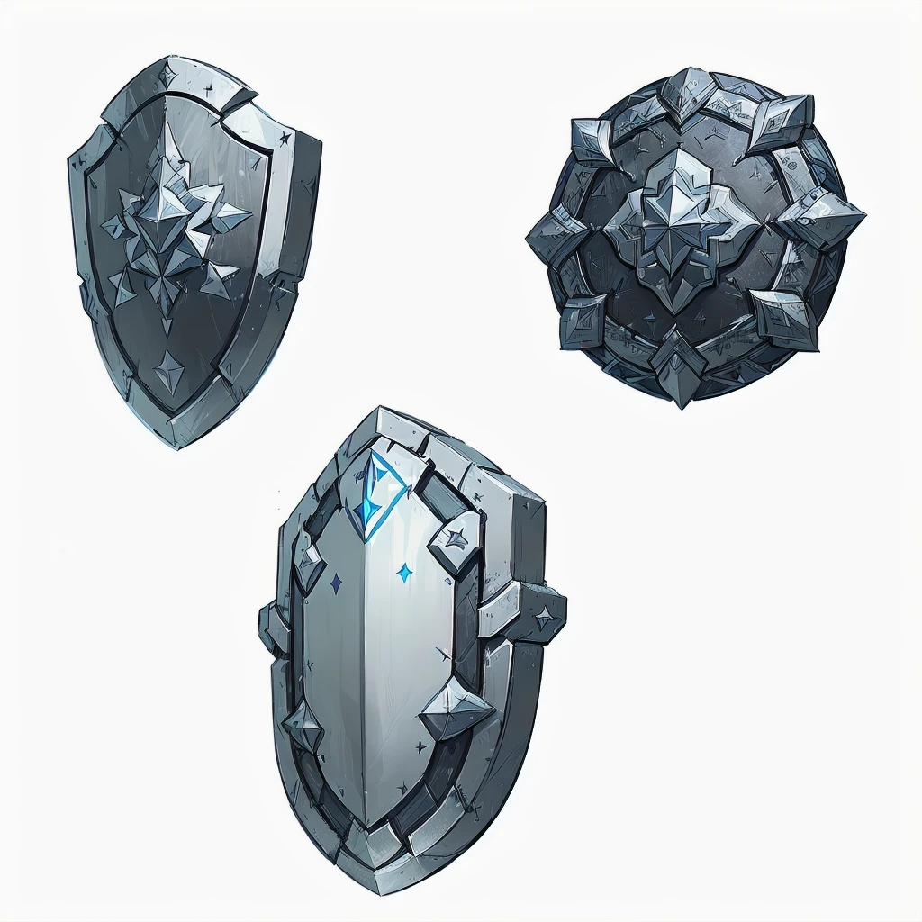 three shields with a star and a shield on them, shield design, armor elements, shields, metallic shield, shield, fantasy shield, Game Assetss, game icon asset, Game Assets, RPG Game Items, Hard Edge Concept Art, riot shields, video Game Assetss, tabletop game props, shield, Armor Plate, metal armor, object concept art, Game Design Asset Pack
