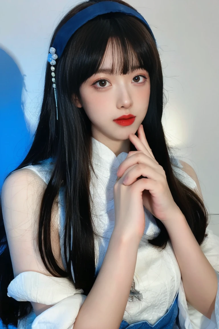 ulzzang-6500-v1.1,(raw photo:1.2),((photorealistic:1.30)), ((best quality)) ,((masterpiece)),((Ultra High Resolution)), ((Clear View)),,Ultra-high resolution,Clear face,（Reality：1.4) ,  illustration, an extremely delicate and beautiful, extremely detailed ,CG ,unity ,8k wallpaper, Amazing, finely detail, masterpiece,best quality,official art,extremely detailed CG unity 8k wallpaper,absurdres, incredibly absurdres, huge filesize, ultra-detailed, highres, extremely detailed,beautiful detailed girl, extremely detailed eyes and face, beautiful detailed eyes,light on face,cinematic lighting,  1 girl, 独奏, long hair, black hair, Headband, blue eyes, Chinese dress, standing,