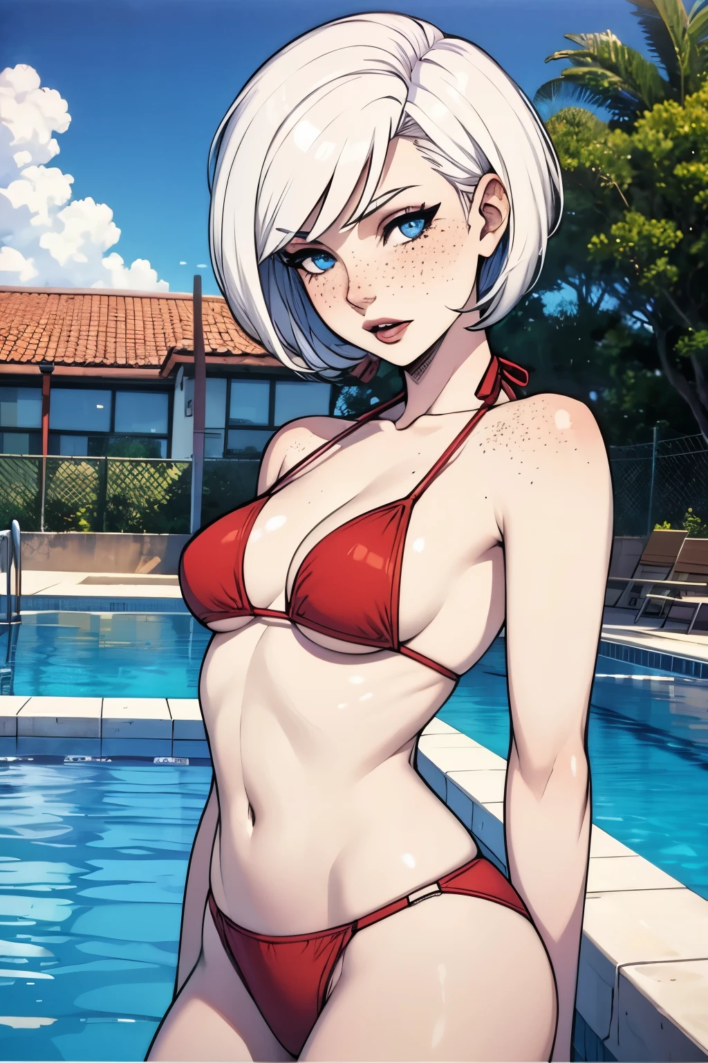 The woman, short hair, short hair, by white, white hair, fringe, (((pale, pale skin))), blue eyes, Blue eyes, parts, parts en la cara, Freckles, Bikini, red Bikini, micro Bikini, Costa Rica, bungalow, pool, Pool,