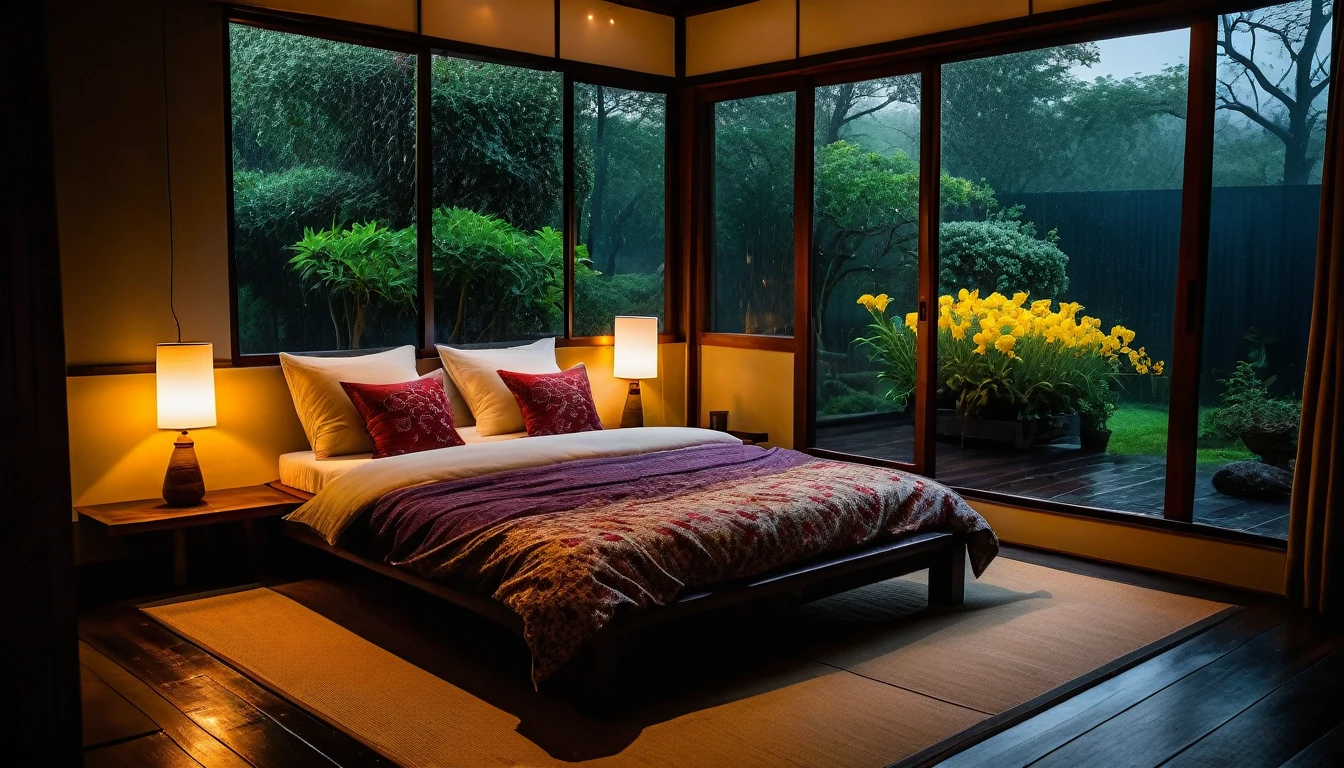 The picture shows a cozy bedroom with large windows offering views of a beautiful, dimly lit garden AND a garden filled with FLOWERS. CINEMATIC atmosphere, gloomy, dull, gloomy rain, cloudy outside JAPANESE HOUSE, dark cloudy. This room has tatami floors, shoji doors, and minimalist wooden furniture. . The bed was unmade with rumpled sheets, indicating only a light sleep. looks dim, gloomy. Beside the bed there is a small table with a classic lamp that radiates warm light into the room. Outside the window you can see the lush greenery of the terrace or balcony area, the rain is falling, the lamp on the left provides warm lighting, creating a calm and peaceful atmosphere. the room was dark, gloomy with fog obscuring part of the view in the distance. The contrast between the warmth indoors and the rain outdoors creates an inviting and calming atmosphere