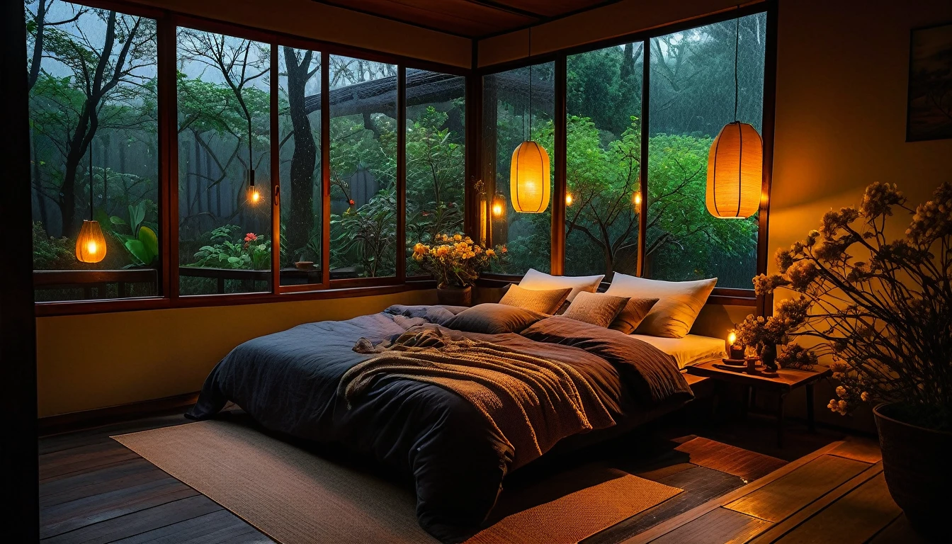 The picture shows a cozy bedroom with large windows offering views of a beautiful, dimly lit garden AND a garden filled with FLOWERS. CINEMATIC atmosphere, gloomy, dull, gloomy rain, cloudy outside JAPANESE HOUSE, dark cloudy. This room has tatami floors, shoji doors, and minimalist wooden furniture. . The bed was unmade with rumpled sheets, indicating only a light sleep. looks dim, gloomy. Beside the bed there is a small table with a classic lamp that radiates warm light into the room. Outside the window you can see the lush greenery of the terrace or balcony area, the rain is falling, the lamp on the left provides warm lighting, creating a calm and peaceful atmosphere. the room was dark, gloomy with fog obscuring part of the view in the distance. The contrast between the warmth indoors and the rain outdoors creates an inviting and calming atmosphere