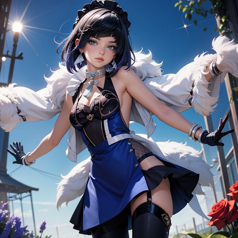 1girl, centered girl, perfectly body, perfectly hands, solo, jewelry, lavender, ornament hair, navy hair, short hair, short flowing hair, floating hair, ornament hair, perfectly body, perfectly hands, garden scenery, white flower on hair, Looking at the viewer, floating hair, Beautiful Eyes, Plump and glossy lips, maid, maid dress, maid headdress, maid apron, white apron, dress with too many frills, black dress, navy laces, black Short skirt, small skirt, skirt with layers, Drape clothes, navy gem, Lace trim, in the garden, luxury gold details, gold jewelry, more details, best quality, Big sparkling eyes, blushing, black Striped Lace Stockings, black ta skirt, sparkle, solo, centered girl, cowboy shot, lace garter, perfectly body, perfectly hands, two arms, two legs, two hands, five fingers, perfect anatomy, glowing hair, red roses, in garden, sparkles, more details on her clothes, dress with transparency, red details on her dress, night