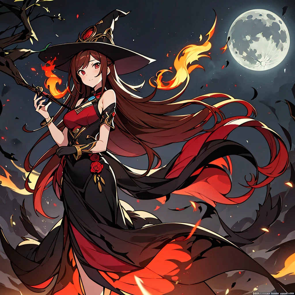 A young and beautiful female magician，solo，Reddish brown hair，The body is sexy and plump，wearing wizard hat，Wearing a sexy dark red cheongsam，Burning palms，The whole body is surrounded by flame magic，standing in the fire，The surrounding environment is a blazing flame and a night sky filled with fire.，There is a full moon in the night sky。Full Moon Night Style，Medium shot composition, Characters and scenes, game concept art style, Anime illustration style, anime style, Classicism, anime, Conceptual art, tachi-e, close-up, 4K, masterpiece, UHD, high details, high quality, anatomically correct, Witch's hat