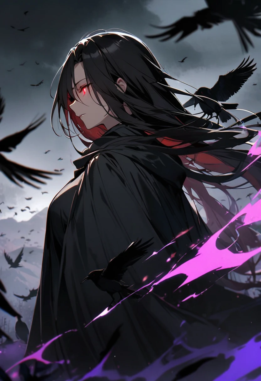girl, mature, side view, crows, red eyes, black hair, glowing eyes, dark aura, cloak, long hair