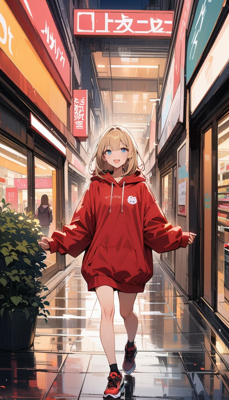 (masterpiece, best quality:1.2), very beautiful girl, blond hair, alone, Tokyo City, standing in front of a cosmetics store, happy expression, blue eyes, Accurate face, big jumper, running shoes,