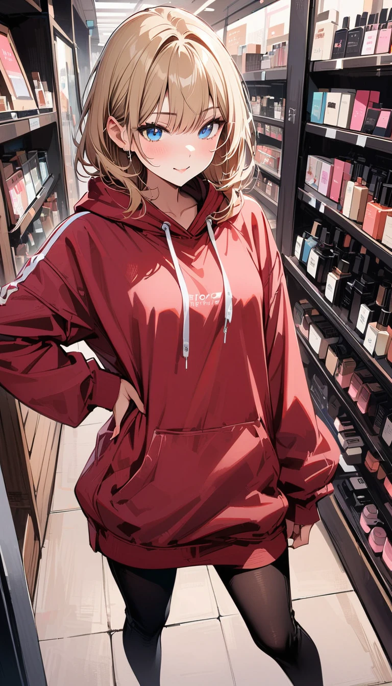 (masterpiece, best quality:1.2), very beautiful girl, blond hair, alone, Tokyo City, standing in front of a cosmetics store, happy expression, blue eyes, Accurate face, big jumper, running shoes,