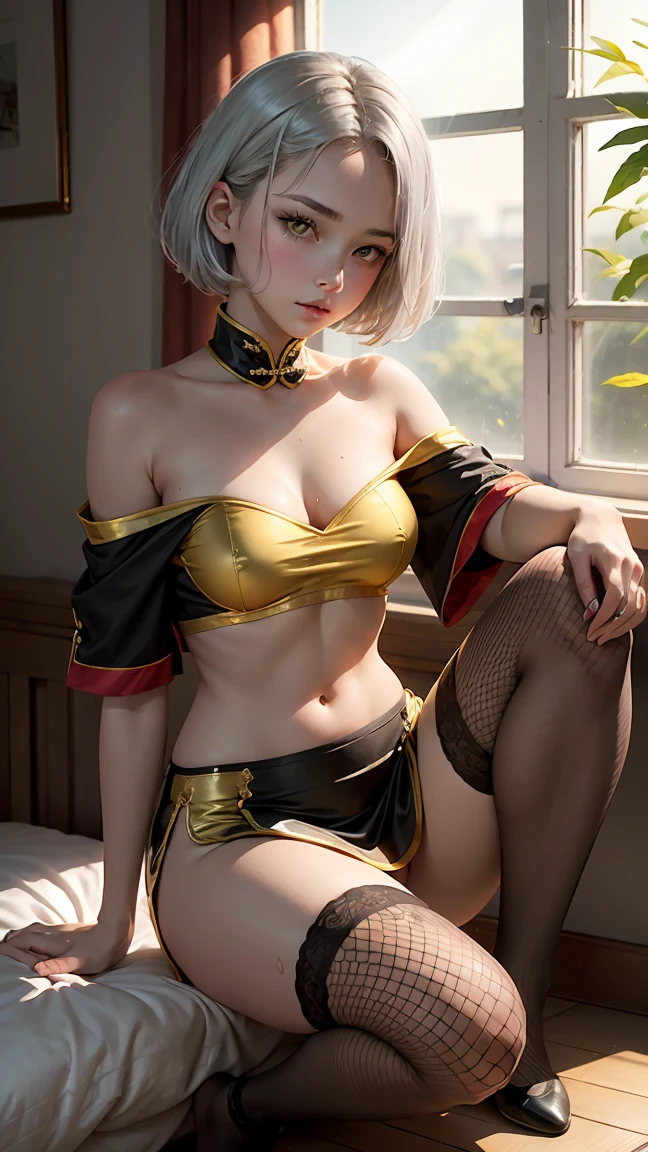 young girl , short silver bob hair, yellow eyes, Caucasian skin, traditional chinese imperial clothes black with gold details, red skirt, black fishnet stockings, ((navel and bare shoulder)) (((sweat))) crouched perto da cama, (((crouched))) bedroom bed with large window in the background, window with sun, reflecting light on the body.