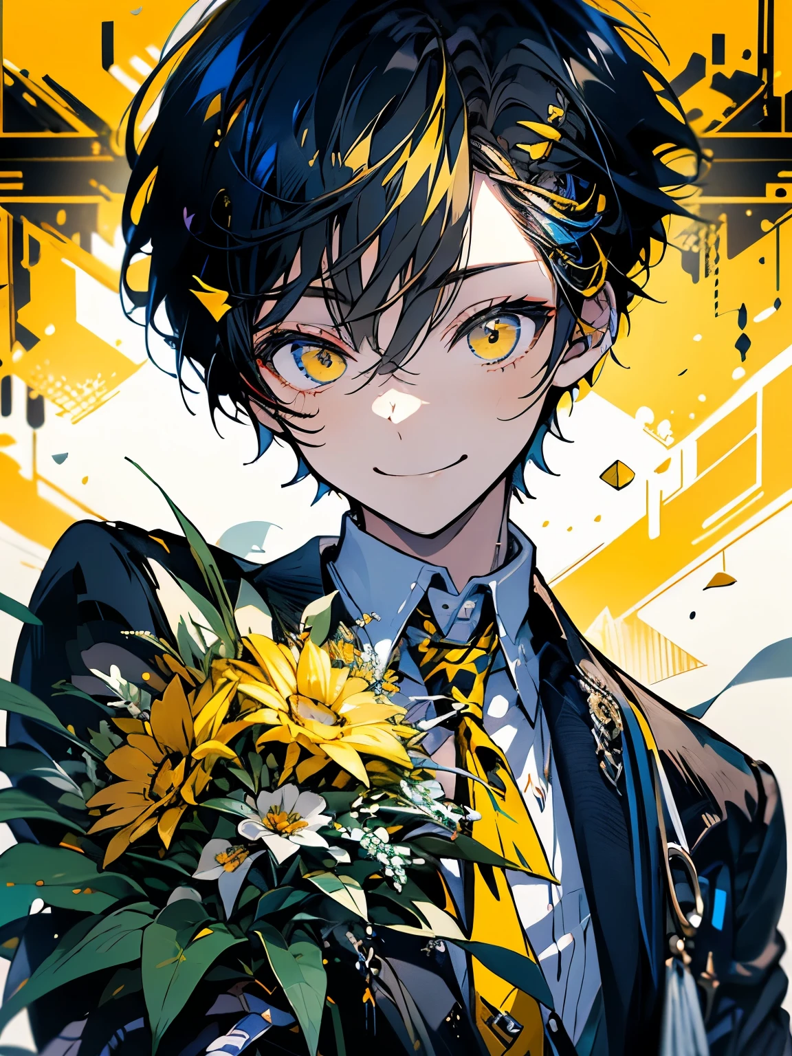 masterpiece、Cool Boy、Black and yellow hair、Short Hair、Black suit、Yellow Eyes、smile、Bouquet background、Upper Body