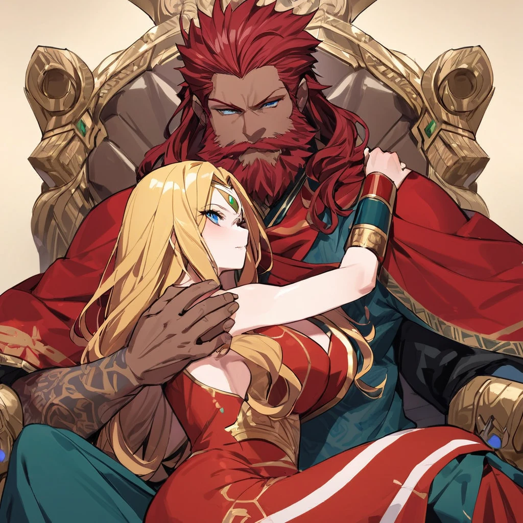((Highest quality)), ((masterpiece)), (detailed), (Perfect Face)、The woman is Queen Zelda of the Gerudo tribe, with blonde hair and blue eyes, and is wearing the luxurious dress of the Gerudo queen.、The man is a dignified, middle-aged man with a beard, strong red hair and dark skin, King Ganondorf, the king of the Gerudo tribe, and is wearing the luxurious attire of the Gerudo king.、A man and woman are hugging and kissing each other on the luxurious throne of the Gerudo tribe's royal family.、A queen and a king in love