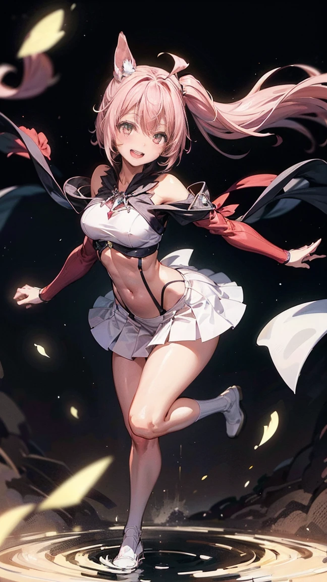 full body close-up, create an elegant atmosphere), white short skirt, White Hair Shawl, graceful flow, elegant movements, obscene smiling smile expression (red blush), floating in mid - air, (1 girl), slender figure)