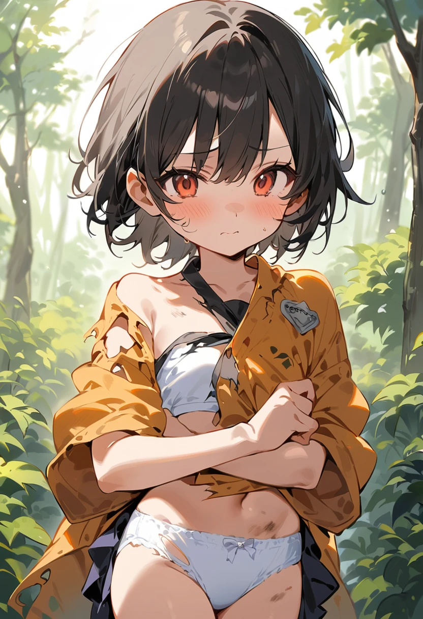 beautiful detailed girl,(masterpiece,best quality,extremely detailed:1.2),((cowboy shot:1.1)),(solo,10 years old,kawaii,slender,small ???????:1.25),(pained look:0.8),((white ?????????) in ((Torn school uniform)):2),(dirty:2),blush,shy,weep,standing,(deep forest:1.5),(hug:0.4),rating: general, newest,???? face