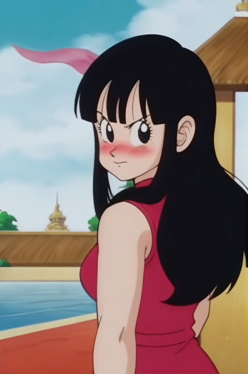 fountain_cheered up, score_9, score_8_above, score_7_above, cheered up screencap,8k, absurdities,
Who, 1 girl, Alone, wide, medium breasts, looking at the viewer, blush, hits, black fur, medium senos, aboveper body, Side locks, outdoor, sky, sleeveless, day, cloud, black eyes, blue sky, bare arms, eyelashes, cloudy sky, (arched eyebrows), world martial arts tournament arena, mountain, blush, sexy ass, naked, showing body, provocative, detailed breasts