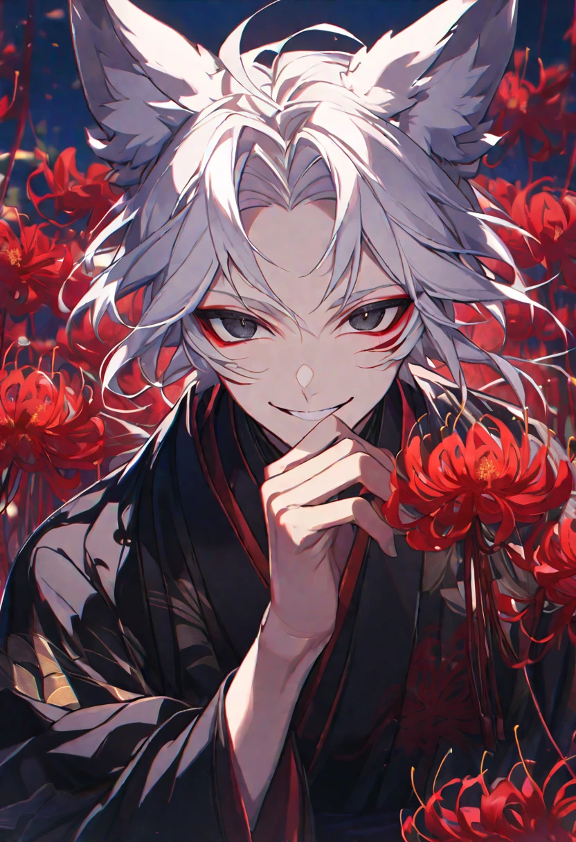 Solo, 1 male, white hair, black eyes, black kimono, fox ears, smile facial, red spider lily, higanbana