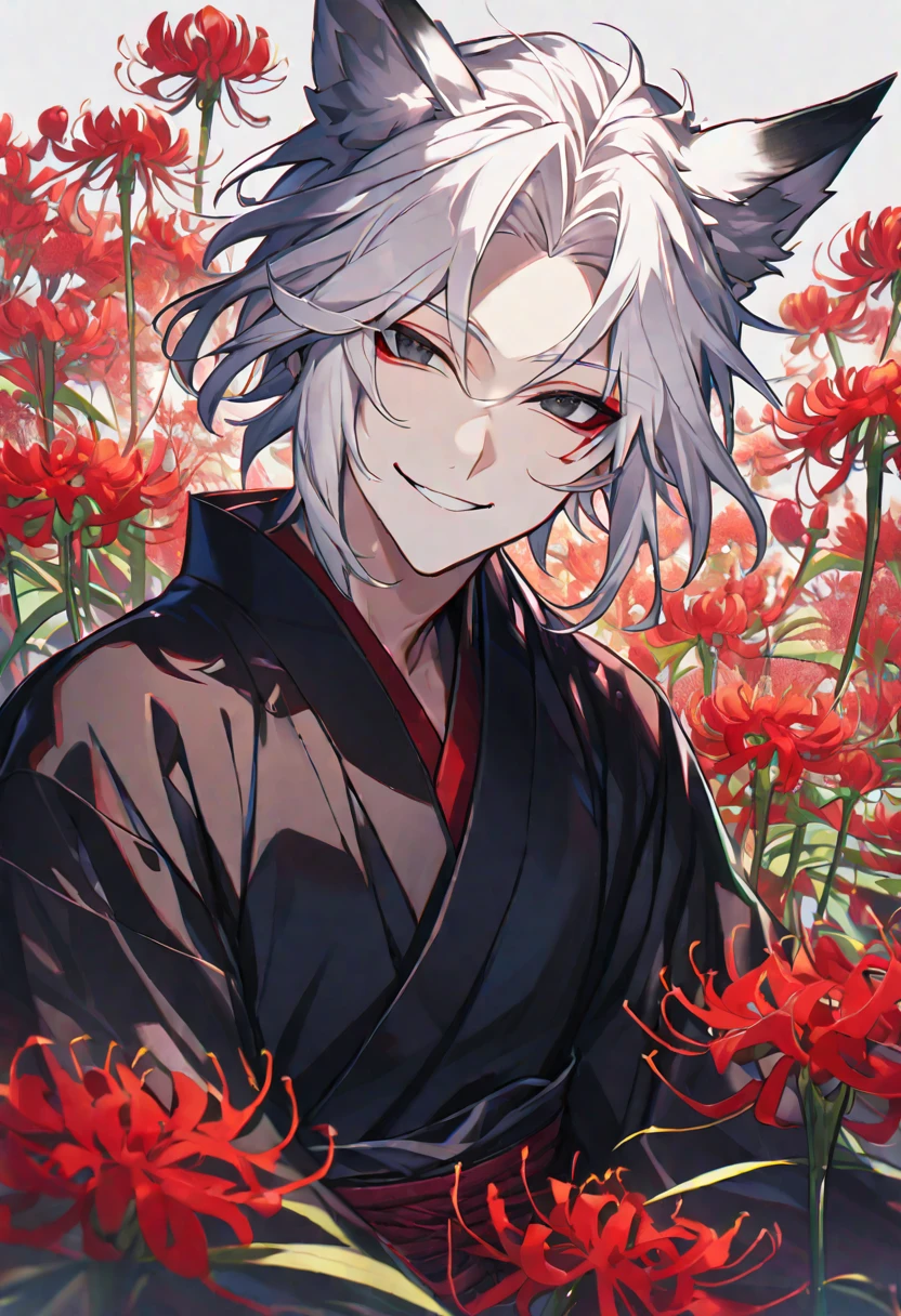 Solo, 1 male, white hair, black eyes, black kimono, fox ears, smile facial, red spider lily, higanbana
