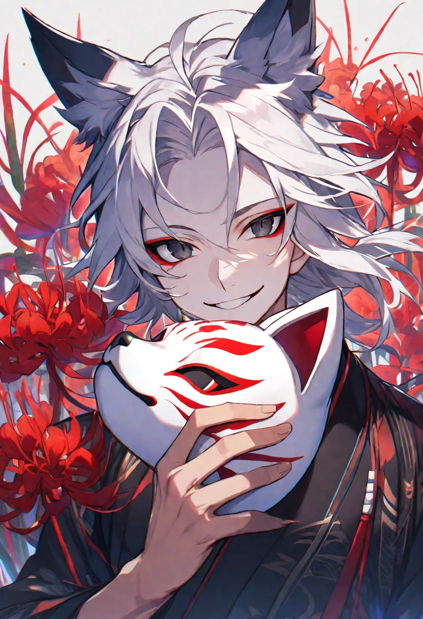 Solo, 1 male, white hair, black eyes, black kimono, fox ears, fox mask, smile facial, red spider lily, higanbana