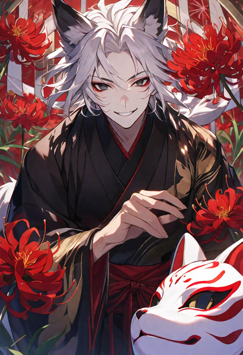 Solo, 1 male, white hair, black eyes, black kimono, fox ears, fox mask, smile facial, red spider lily, higanbana
