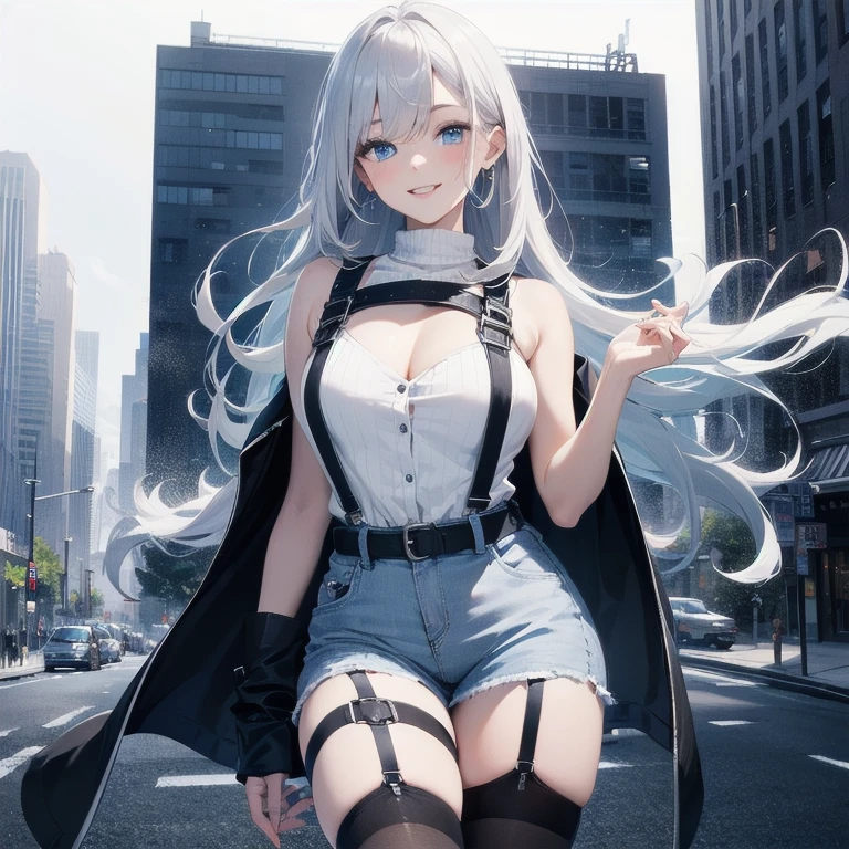 (Masterpiece, Best quality, ultra high resolution), (((1 girl))), Silver hair, Pale skin, Beautiful detailed face, Detailed eyes, posing on a white background, Dynamic lighting, dynamic shadowing, looking at viewer, White street punk fashion with blue details, (Posing for a photo), ((White clothes)), (((black thigh highs))), jean shorts, skirt, white sweater, ((Blue eyes)), happy, smiling, black straps, black strap design, ((Long white hair)), energetic, cheerful, cityscape background, (garter), blue tertiary color, blue highlights, purse, hand bag, ((chest harness fashion))