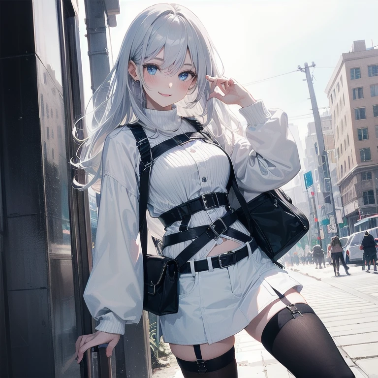 (Masterpiece, Best quality, ultra high resolution), (((1 girl))), Silver hair, Pale skin, Beautiful detailed face, Detailed eyes, posing on a white background, Dynamic lighting, dynamic shadowing, looking at viewer, White street punk fashion with blue details, (Posing for a photo), ((White clothes)), (((black thigh highs))), jean shorts, skirt, white sweater, ((Blue eyes)), happy, smiling, black straps, black strap design, ((Long white hair)), energetic, cheerful, cityscape background, (garter), blue tertiary color, blue highlights, purse, hand bag, ((chest harness fashion))