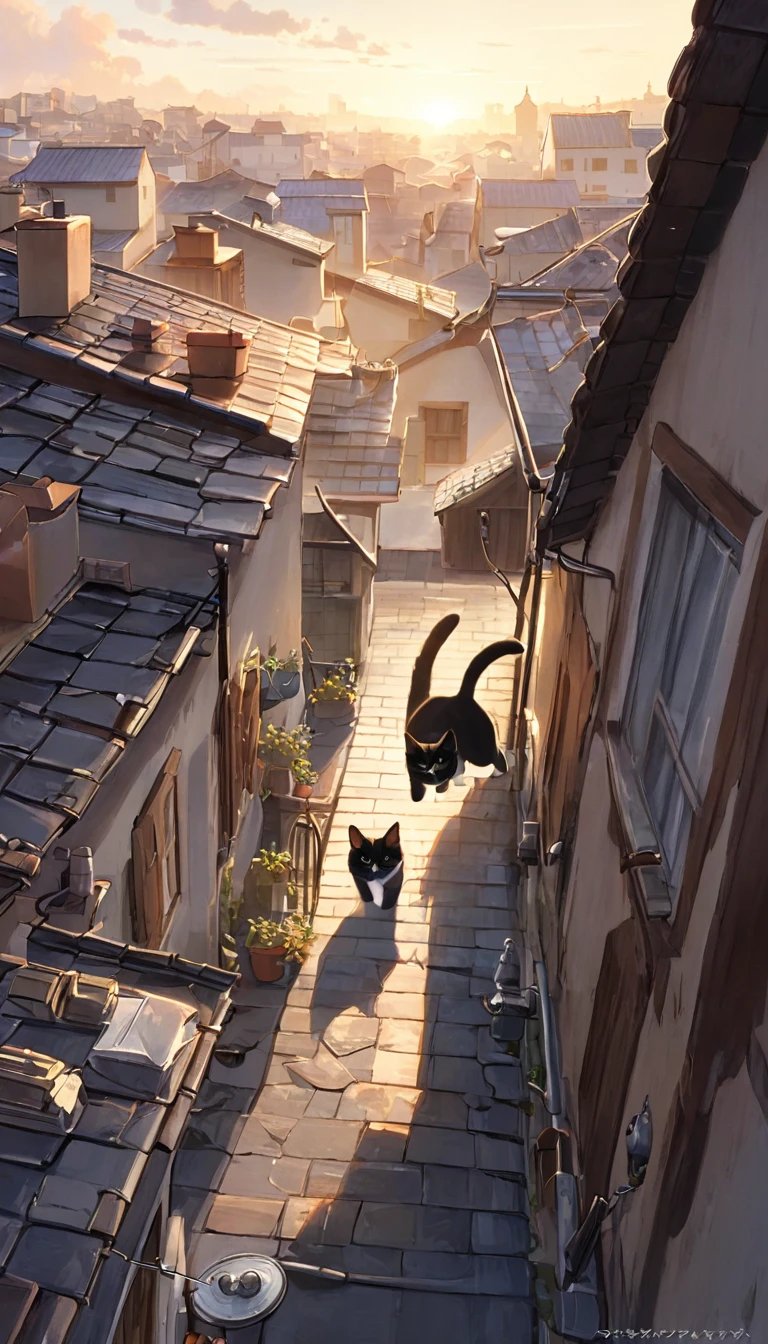 シード"The heroic cat dashing across the rooftops, swiftly chasing after the thief cats."
