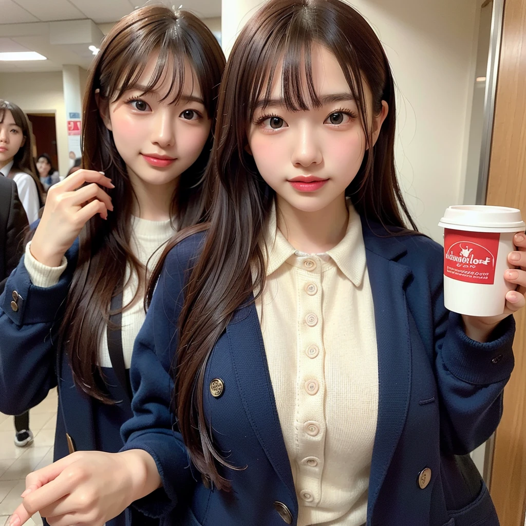 (A photo of a super cute Korean female college student wearing a fluffy coat over her school uniform and drinking a hot drink:1.2)(grin,smile:1.1)(Beautiful Sweat:1.1)(16K, RAW Photos, Highest quality, masterpiece: 1.2),(A cute bun hairstyle with shiny black hair) Super detailed, Super Resolution, (Genuine, Genuine photos: 1.37), Portraiture, High-resolution RAW color photos, Professional photos, Very detailed, 8k wallpaper, Very detailed CG Unity 8k wallpaper, Very detailed beautiful girls, Very detailed faces, ((whole body)), beautiful woman, Huge breasts,(huge boobs:1.1) (Big Boobs:1.1), beautiful  (Wearing a tight and cute company-designated  and a cute coat),high school girl, Korean Girls,(K-POP Female Idols), (Idol-class beauty)(Beautiful high school girl:1.1)(Bus terminal in midwinter)(************)(School uniform style outfit:1.1)