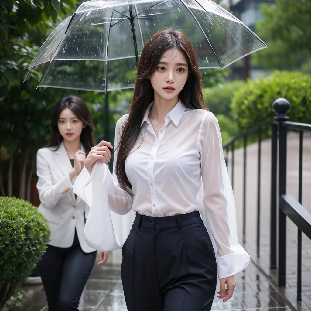 typhoon、Do not use an umbrella、Beautiful woman in the rain、雨で濡れたBeautyOL、Detailed face、Realistic、beautiful girl、Beauty、Office Lady Uniform、beauty、Beautiful woman、Narrow waist、Handsome woman、Tight pants look、suit、Sexy pose、タイトなsuitパンツ、雨で濡れたsuit、Wet shirt、See-through shirt、Shot in heavy rain、See-through underwear