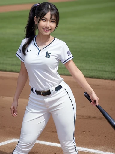 (8K、Raw photography、Highest quality、masterpiece:1.2),(Black Hair、Dark Eyes:1.9),(:1.6)、View your viewers,Front view,White skin,(Baseball uniforms:1.4)、(Tight waist:1.6)、(Clothes that accentuate the shape of the breasts:1.0)、(Big Breasts :1.3)、Slim figure、Ultra-high resolution,beautiful,beautiful fece,(One person、No background:1.9),whole bodyボディー,Japanese women,(reality的:1.37)、Photon Mapping,reality、(Baby-faced and cute: 1.4)、(Cute Smile: 1.8)、(Round face: 1.8)、Radio City、Physically Based Rendering、Depth of field rally background、photograph, (I can see your knees、Thigh close-up:1.8),(:1.6),whole body、Great quality