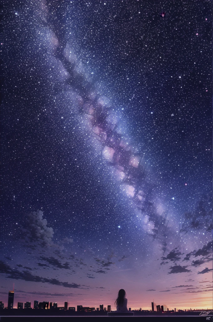 octans, sky, star (sky), scenery, starry sky, night, 1girl, night sky, solo, outdoors, signature, building, cloud, milky way, sitting, tree, long hair, city, silhouette, cityscape