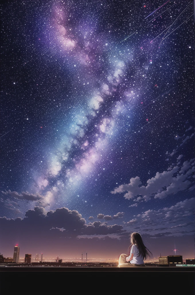octans, sky, star (sky), scenery, starry sky, night, 1girl, night sky, solo, outdoors, signature, building, cloud, milky way, sitting, tree, long hair, city, silhouette, cityscape