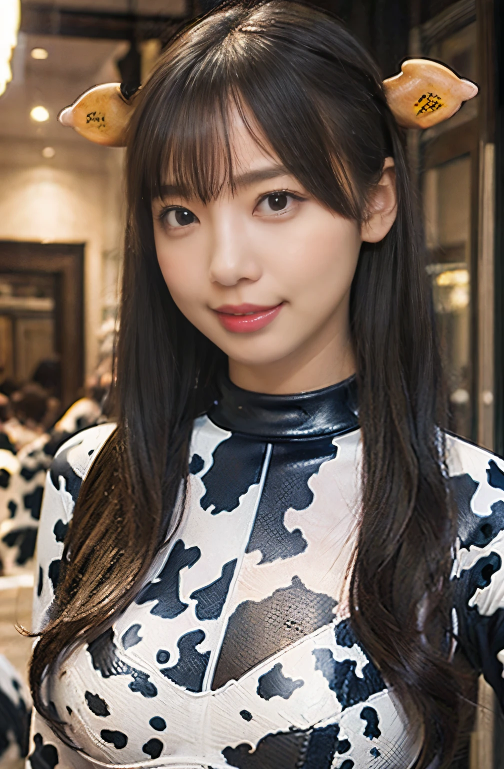 (high resolution,masterpiece,best quality,extremely detailed CG, anime, official art:1.4), realistic, photo, amazing fine details, all intricate, gloss and shiny,awesome many layers, 8k wall paper, 3d, sketch, kawaii, illustration,( solo:1.4), perfect female proportion,villainess, (fusion of cow and lady:1.4), (cow form lady:1.2), (cow lady:1.2), (fusion:1.2), (solo:1.4), (evil smile:1.2), muscular, abs, (cow print full body muscular suit:1.4), (cow exoskeleton armor:1.2), (cow tail:1.4), (cow horns:1.1),