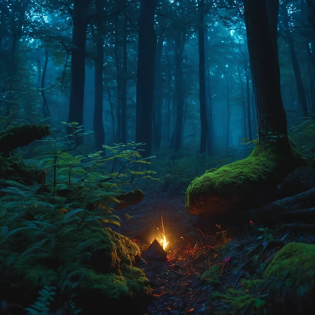 a dark night in the dense forest of romania, moonlit forest, old growth trees, thick underbrush, fog, dark shadows, bioluminescent mushrooms, glowing fireflies, deer silhouettes, owl perched on a branch, (best quality,4k,8k,highres,masterpiece:1.2),ultra-detailed,(realistic,photorealistic,photo-realistic:1.37),cinematic lighting,dramatic colors,moody atmosphere