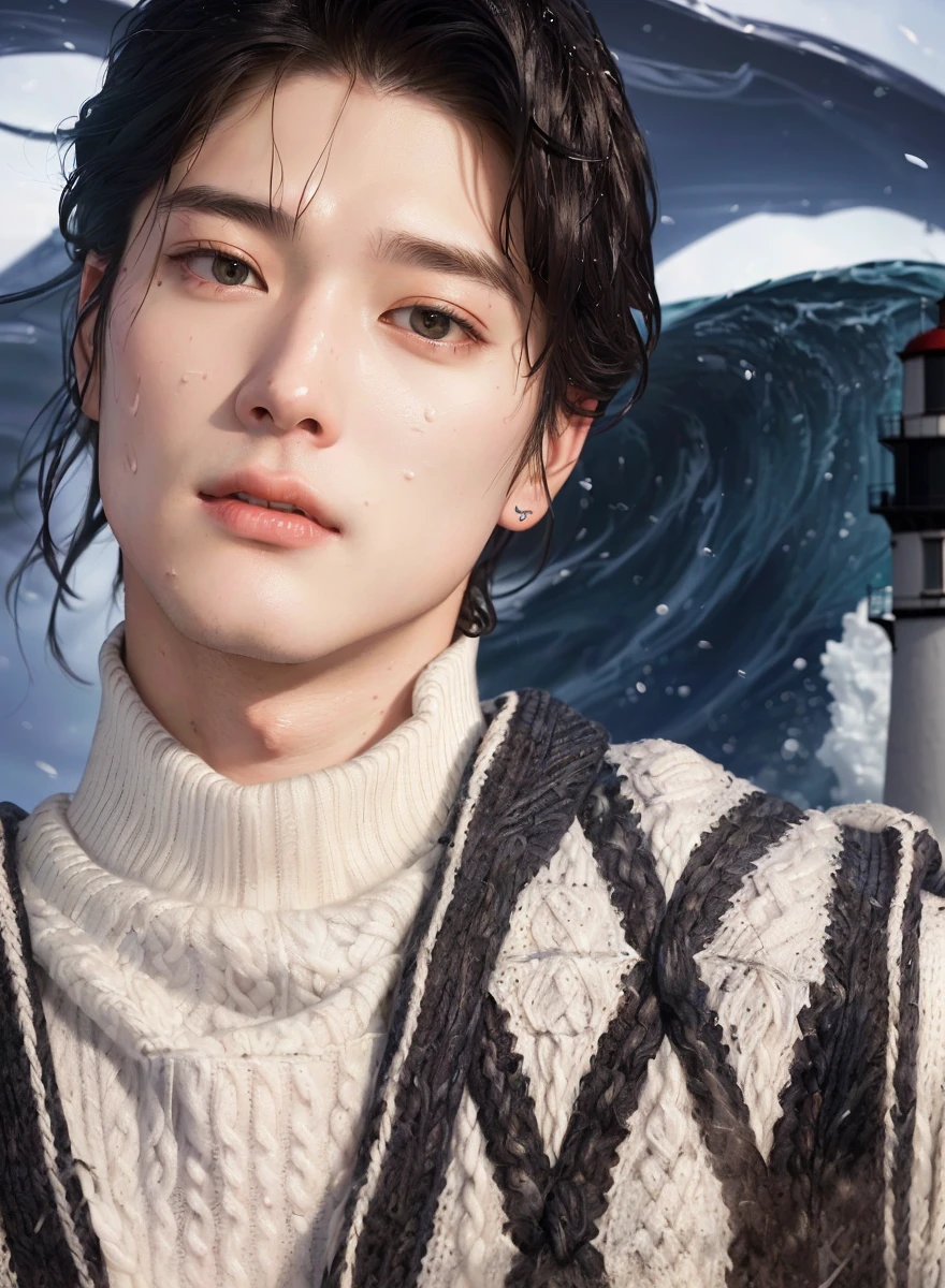 portrait of the face of an injured person (old fisherman:1.3), (facial focus:1.5), (storm:1.2), (waves:1.3), ocean, (bottom of the lighthouse:1.3), (cowboy shot:1.4), (white turtleneck knitted sweater:1.3), looking at the viewer, realist, Masterpiece, of the highest quality, backlighting, (Lens flare:1.1), (Bloom:1.1), (chromatic aberration:1.1), by Jeremy Lipking, by Antonio J. Manzanedo, Jaehyun's digital door, Jung Jaehyun, nct jaehyun, jung yoonoh, nct127