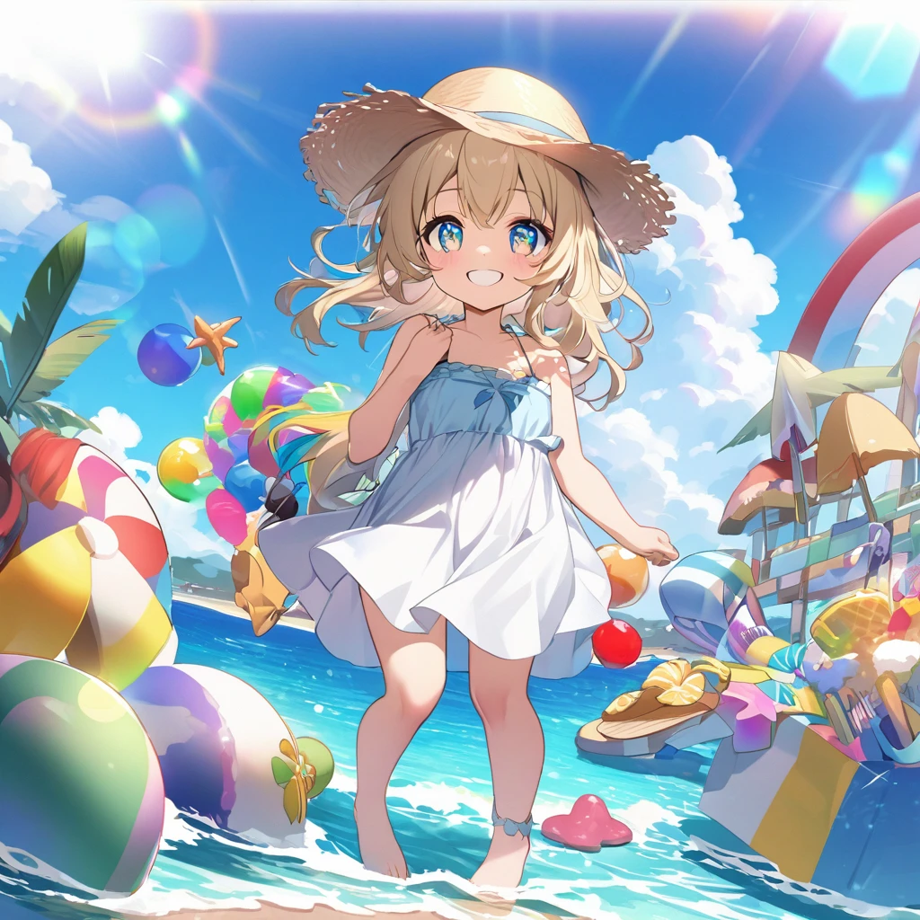 masterpiece, best quality, 4k、((high color saturation)), 2D illustration、one beautiful girl、solo、(((chibi style)))、((vivid colors))、cute chibi、lovely chibi、((white summer dress))、((straw hat))、((colorful))、long beautiful hair, glossy blonde hair, hair between eyes, cute、beautifully detailed eyes、((happy smile))、summer beach、((full body shot))、((calm sea))、((lots of colorful stuff around))、((blue sky))、sunbeam、((lens flare))、