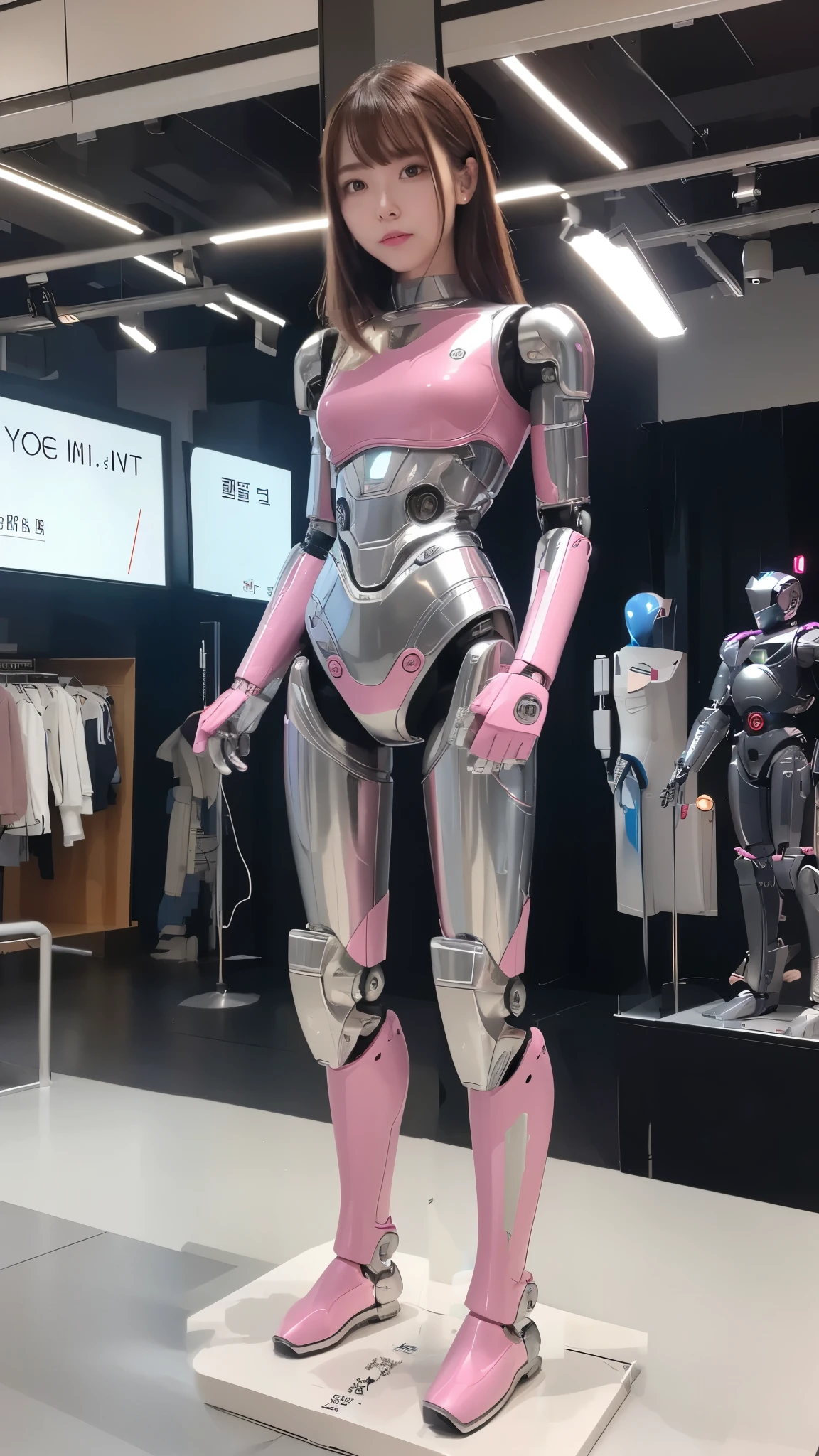 Robot Girl, pink there, Silver, Metallic body, Robot Parts, Metal Parts, Super Detailed Face, Super well-formed face, of the highest quality, a small face, small head, Brown hair, Slender body, Camera gaze, Internal Mechanical Exposure, Idol, front facing, Well-proportioned body, sale, Exhibited, Event Hall, Moe Pose, job interview suit machine armor, Standing with legs open, Model body type, sad, Embarrassing,(Perfect Robot Girl),(Perfect machine body)