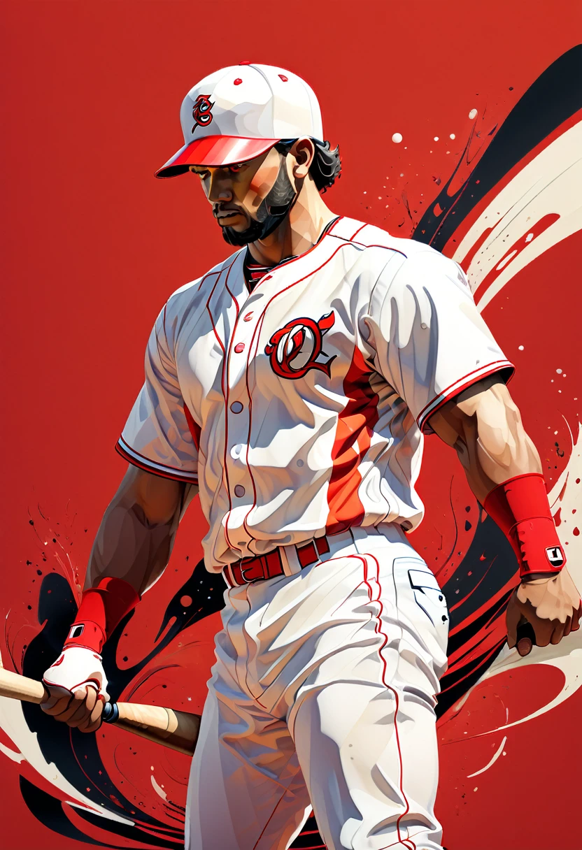 anatomically perfect, general shot, full body, A baseball player, holding baseball bat,a baseball player, line art, colors, red black and white:1.5, Detailed line art, intricate lines, dynamic baseball player, baseball player in motion, realistic sports figure, realistic baseball player, detailed muscle structure, perfect anatomy, Seamless integration, Shocking composition, dramatic lighting, High contrast, Cinematic atmosphere, colors vívidos, Impressive visual impact, Masterpiece, Best Quality, 8k, photorealistic