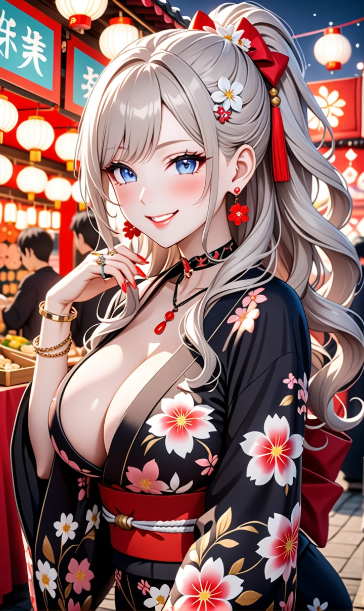 ultra-detailed, ((one girl)), (pale skin:1.4), in pastel colors gyaru, (heavy makeup), (professional lighting) hyper detailed, absurdres, 8K, Beautiful Face, (Laugh shyly), ((teasing smile:1.8)), ((Wink:1.7)), (Laugh with your mouth wide open),((Tilt your face:1.6)), View your viewers, ((Bright red cheeks:1.6)),Glossy Red Lips, ((Big Breasts:1.6)), ((undressing:1.2)), noon, Shrine festival stalls, ((Anime style background)),masterpiece, Highest quality, so beautiful,Latest, Complex details, (Pink long nails), (nail art), (ring),(bracelet), (Floral Choker),AI-generated, Complex,High resolution, Highest quality, super high quality,3D Images、3D Images,One person,Pastel silver long hair,(High Ponytail), (wavy hair:1.3), Pastel anime woman posing for a photo, ((Fine grain、blue eyes、glowing eyes:1.4)), (Squint your eyes:1.1),a hyperRealistic , hyperRealistic , Realistic,Anime woman with long pastel white hair, Smooth anime CG art, A girl in a gorgeous black kimono, ((Black long-sleeved kimono)),(Large red floral pattern), Golden embroidery, (sideboob), Long flower hair ornament,Floral Earrings,japanese pouchを手に持つ,Mature Body, tall,Narrow waist, ((from side:1.2)), ((leaning forward:)), upper body,