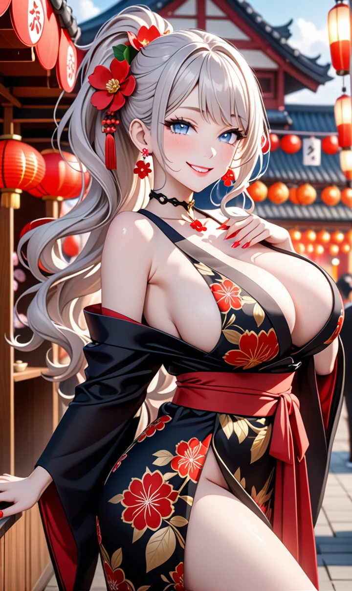 ultra-detailed, ((one girl)), (pale skin:1.4), in pastel colors gyaru, (heavy makeup), (professional lighting) hyper detailed, absurdres, 8K, Beautiful Face, (Laugh shyly), ((teasing smile:1.8)), ((Wink:1.7)), (Laugh with your mouth wide open),((Tilt your face:1.6)), View your viewers, ((Bright red cheeks:1.6)),Glossy Red Lips, ((Big Breasts:1.6)), ((undressing:1.2)), noon, Shrine festival stalls, ((Anime style background)),masterpiece, Highest quality, so beautiful,Latest, Complex details, (Pink long nails), (nail art), (ring),(bracelet), (Floral Choker),AI-generated, Complex,High resolution, Highest quality, super high quality,3D Images、3D Images,One person,Pastel silver long hair,(High Ponytail), (wavy hair:1.3), Pastel anime woman posing for a photo, ((Fine grain、blue eyes、glowing eyes:1.4)), (Squint your eyes:1.1),a hyperRealistic , hyperRealistic , Realistic,Anime woman with long pastel white hair, Smooth anime CG art, A girl in a gorgeous black kimono, ((Black long-sleeved kimono)),(Large red floral pattern), Golden embroidery, (sideboob), Long flower hair ornament,Floral Earrings,japanese pouchを手に持つ,Mature Body, tall,Narrow waist, ((from side:1.2)), ((leaning forward:)), upper body,