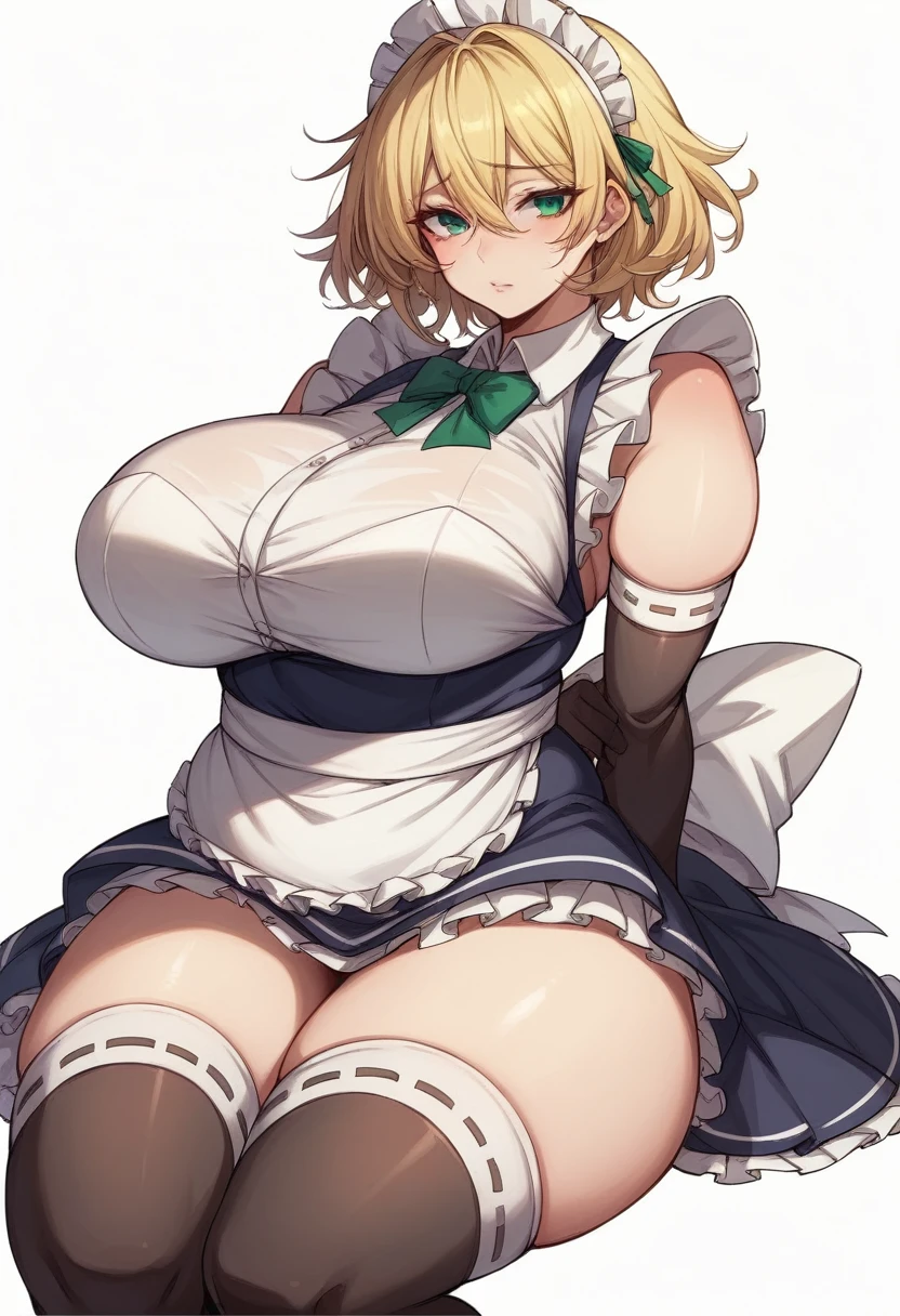 (One girl)、arm behind back、bob cut、flipped hair、((Blonde))、Sakuya Izayoi、（Sato Air）、slan eyes、(Big super breasts)、((Chubby))、(beautiful girl)、[Big thighs]、green eye、(Maid clotheini skirt)、No sleeve、White sleeveless、hairs between eyes、((thigh-high socks thighhighs))、(long gloves)、say、White Background、