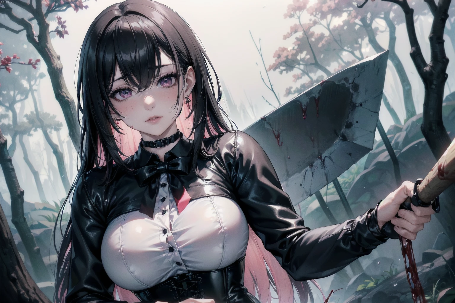 ((blood droplets)), ((blood)), ((blood splatter)), ((blood on clothes)) ((blood stain)), Masterpiece, Superior image quality, high resolution, 4k image,photo and gross, photorealistic, 1 young man of 15 years, {alone},{{{vagina}}}, big breasts, beautiful face, long black hair, black eyes, very detailed eyes, pink cheeks, shy expression, choker:1.6, (white collar button down long sleeve shirt), black gloves, gloves that cover hands, (holding an ax in the right hand), (black leather corset), (shiny black leggings), Sensual Lips, show details in the eyes, View from the front, looking at the viewer, dark forest path, evening, Atmosphere, fog