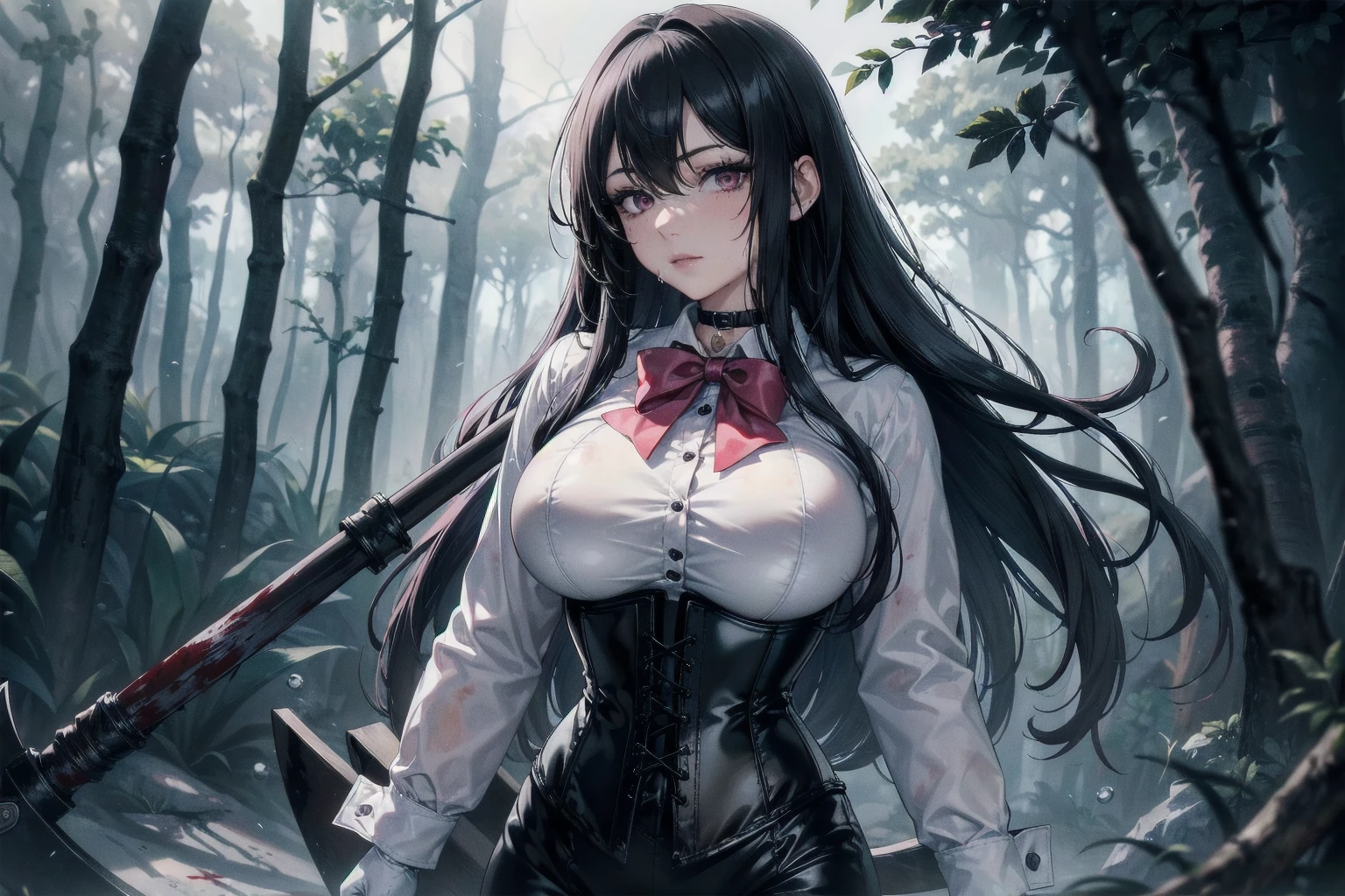 ((blood droplets)), ((blood)), ((blood splatter)), ((blood on clothes)) ((blood stain)), Masterpiece, Superior image quality, high resolution, 4k image,photo and gross, photorealistic, ung man of 15 years, {alone},{{{vagina}}}, big breasts, beautiful face, long black hair, black eyes, very detailed eyes, pink cheeks, shy expression, choker:1.6, (white collar button down long sleeve shirt), black gloves, gloves that cover hands, (holding an ax in the right hand), (black leather corset), (shiny black leggings), Sensual Lips, show details in the eyes, View from the front, looking at the viewer, dark forest path, evening, Atmosphere, fog