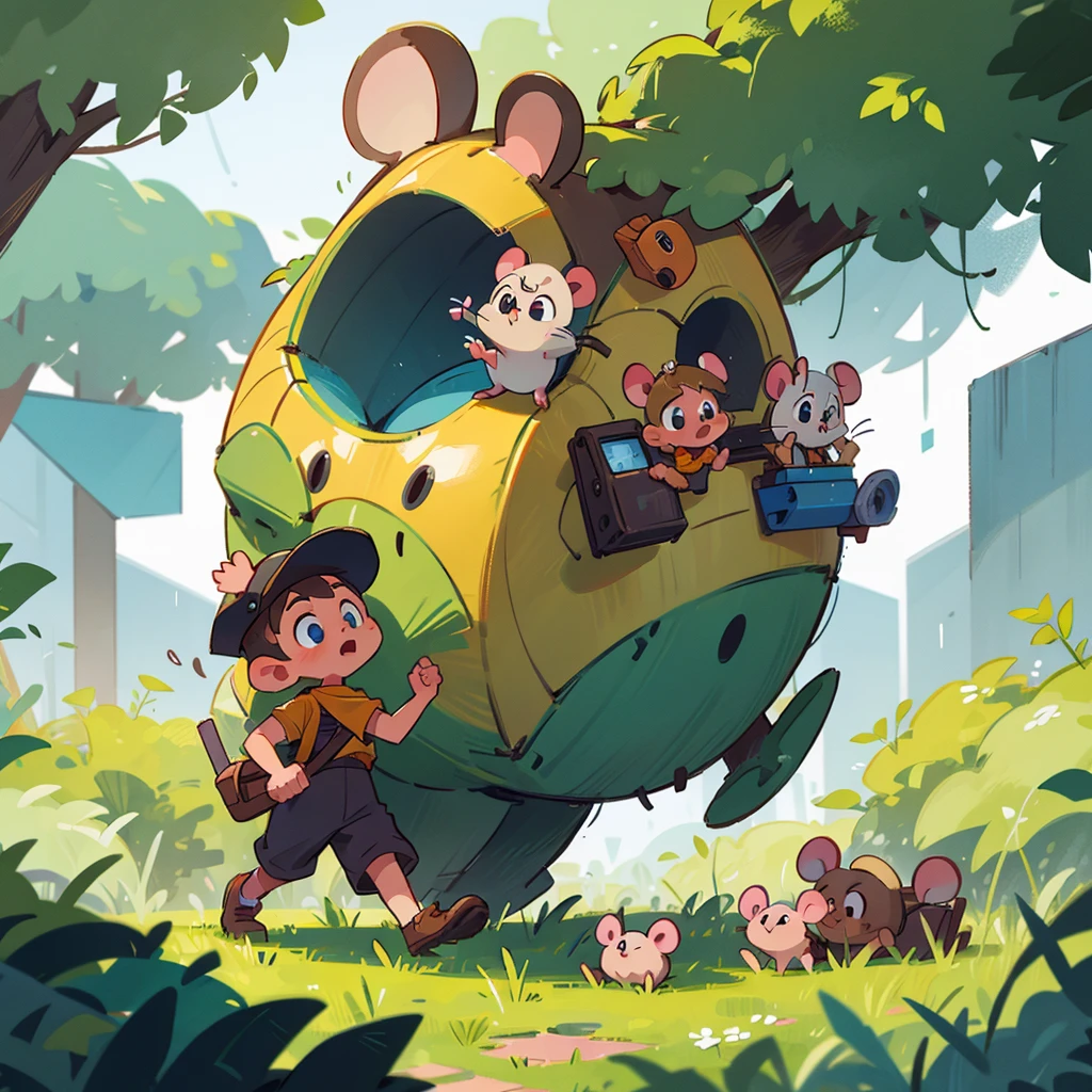 The picture shows a mouse wearing a miner&#39;s overalls，Wearing a blue work suit，Lots of pockets and tool pockets on top。He is wearing a hat，There is a small light bulb on the brim of the hat，He is in the mines。He held a small pickaxe in his hand，Mining ore seriously。His eyes are bright and focused，Appears very motivated。
